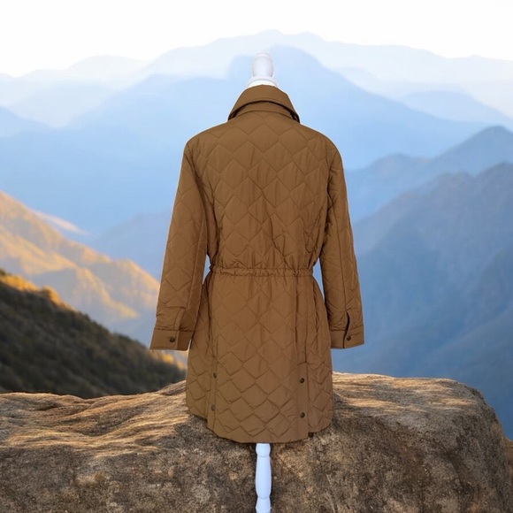 Talbots Tan Quilted Snap Button Cinch Waist Midi-Length Coat Size Large Petite - Picture 4 of 14